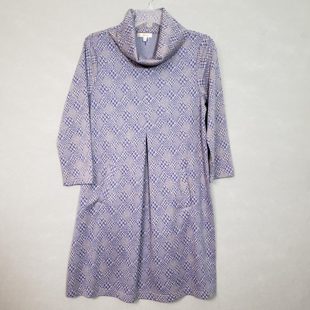 tyler böe S Tunic Dress Blue Houndstooth Cowl Neck 3/4 Sleeve Stretch Preppy Mod